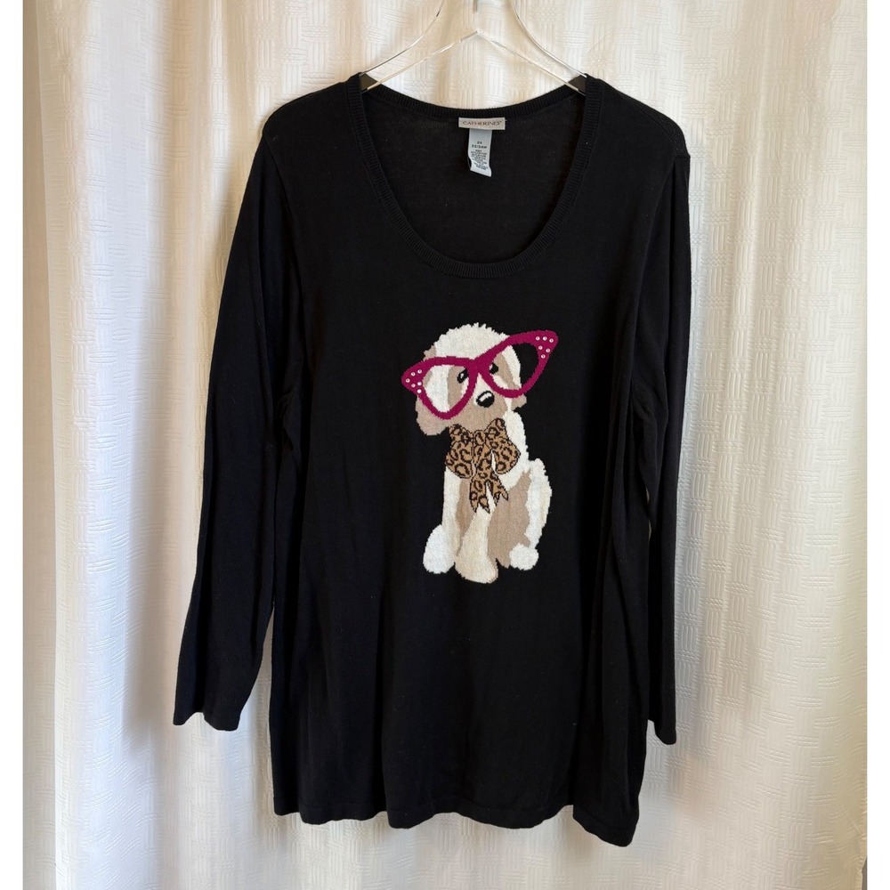 Catherines Black Dog Sweater Pink Glasses Leopard Bow Rhinestone Plus Size 2X
